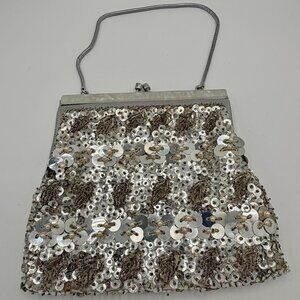 VTG Silver Sequin & Pearl Beaded Evening Bag | Mother of Pearl Frame | Clutch